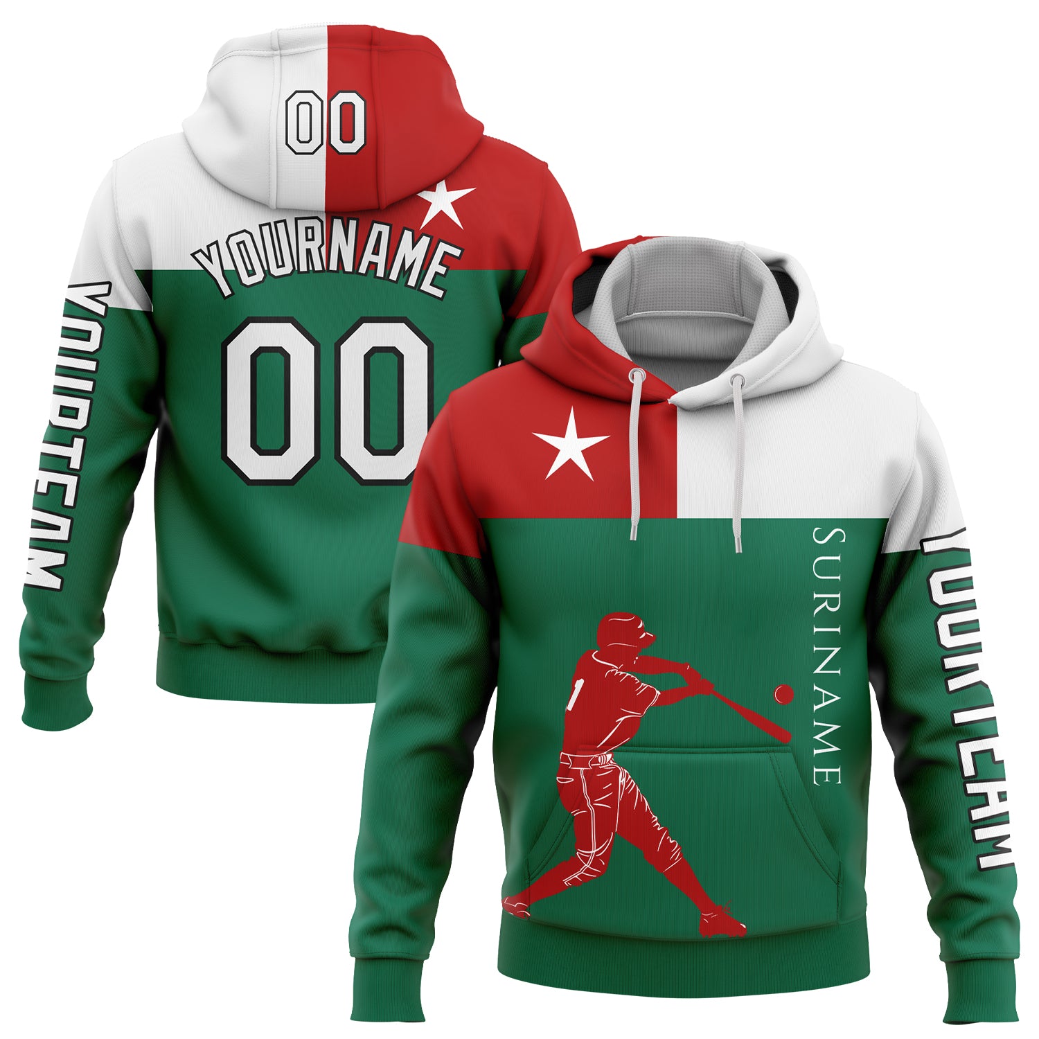 Custom Kelly Green Red-Black 3D Suriname Surinamese Flag Sports Pullover Sweatshirt Hoodie