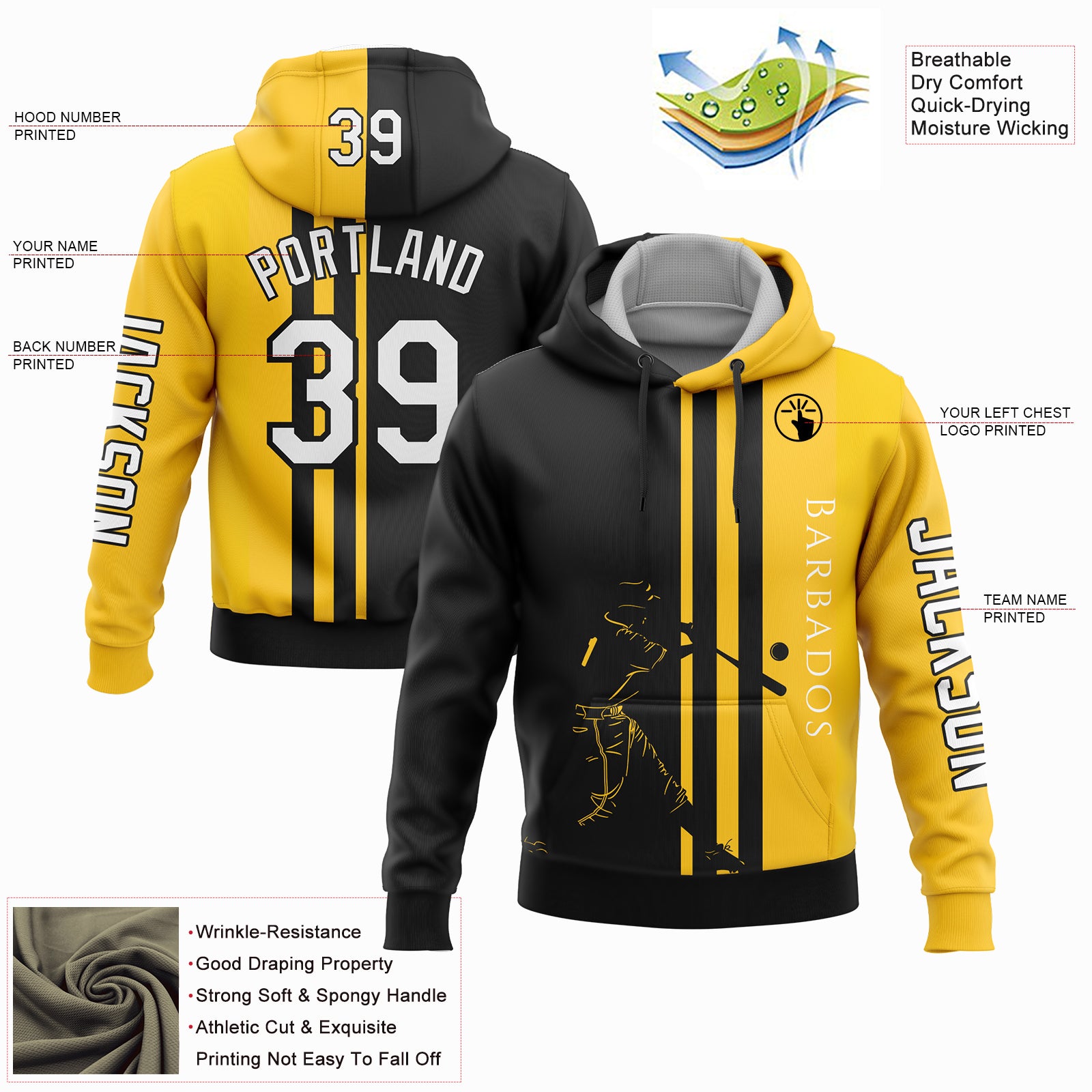 Custom Gold White-Black 3D Barbados Barbadian Flag Sports Pullover Sweatshirt Hoodie