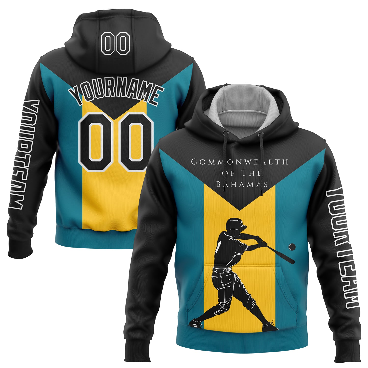 Custom Black Teal-Gold 3D Bahamas Bahamian Flag Sports Pullover Sweatshirt Hoodie