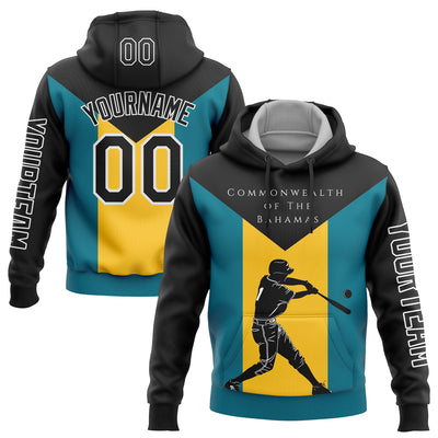 Custom Black Teal-Gold 3D Bahamas Bahamian Flag Sports Pullover Sweatshirt Hoodie