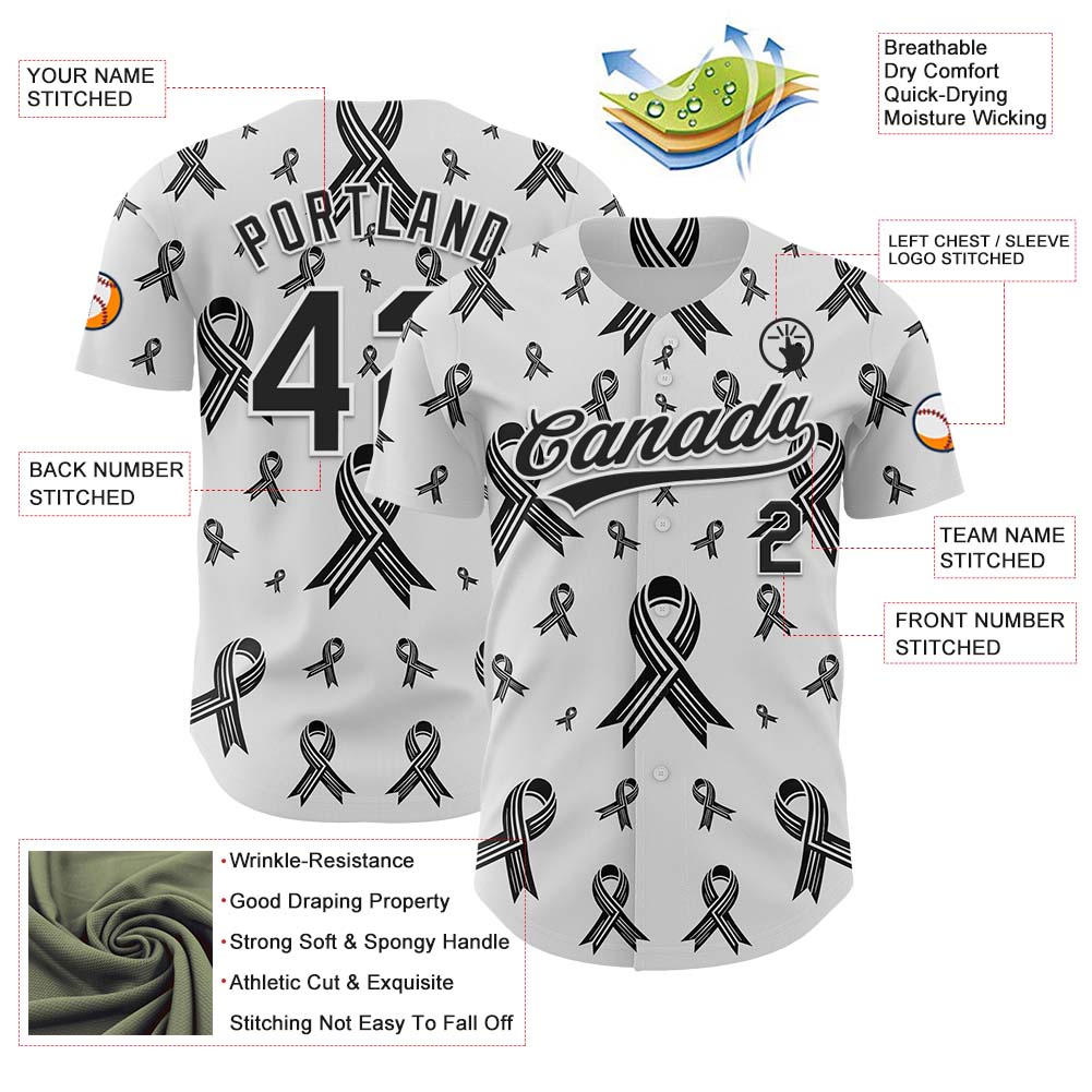 Custom White Black 3D Skin Cancer Ribbon Authentic Baseball Jersey
