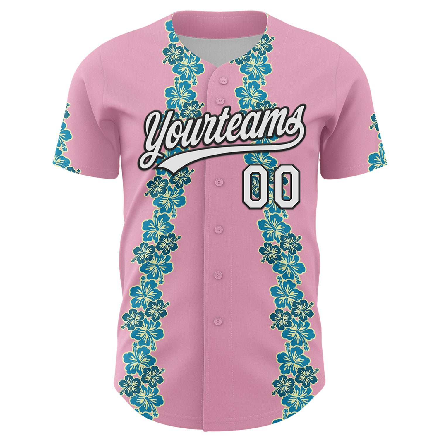 Custom Light Pink White-Black 3D Tropical Hawaii Flower Authentic Baseball Jersey