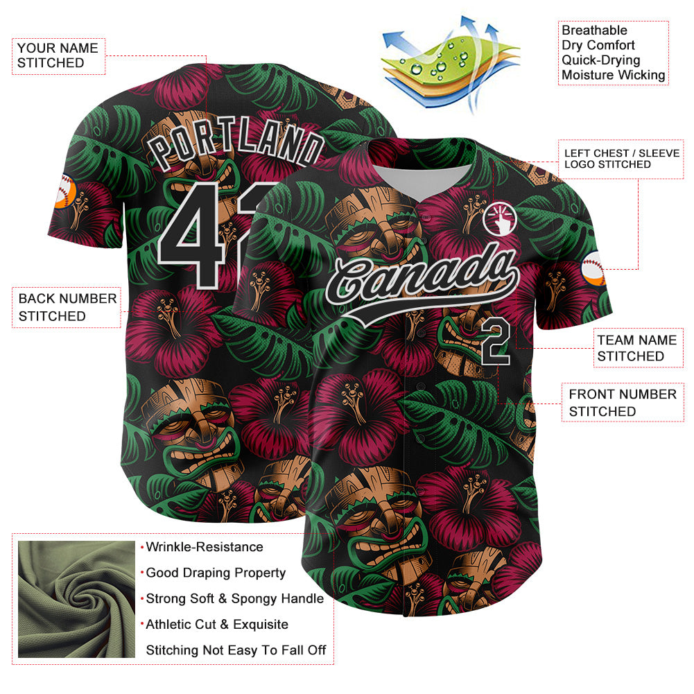 Custom Black White 3D Tropical Hawaii Jungle Leaves And Flower Authentic Baseball Jersey