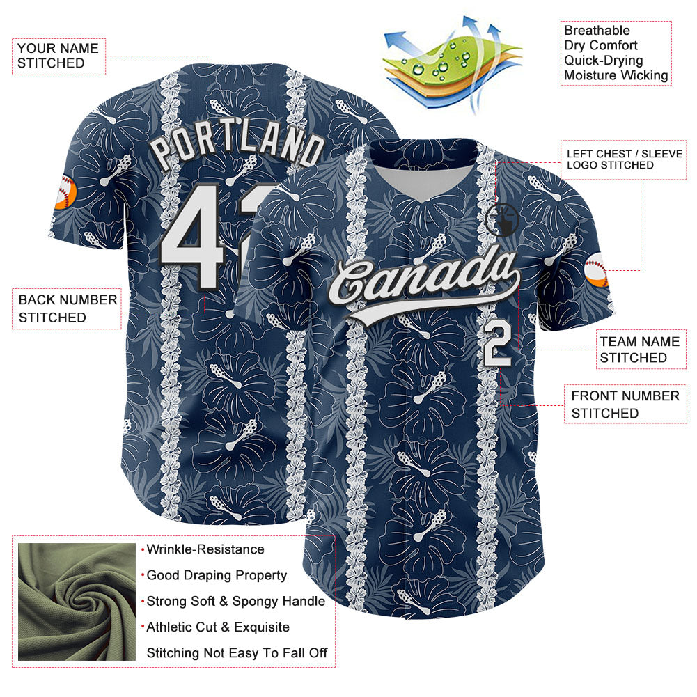Custom Navy White-Black 3D Tropical Hawaii Jungle Leaves And Flower Authentic Baseball Jersey