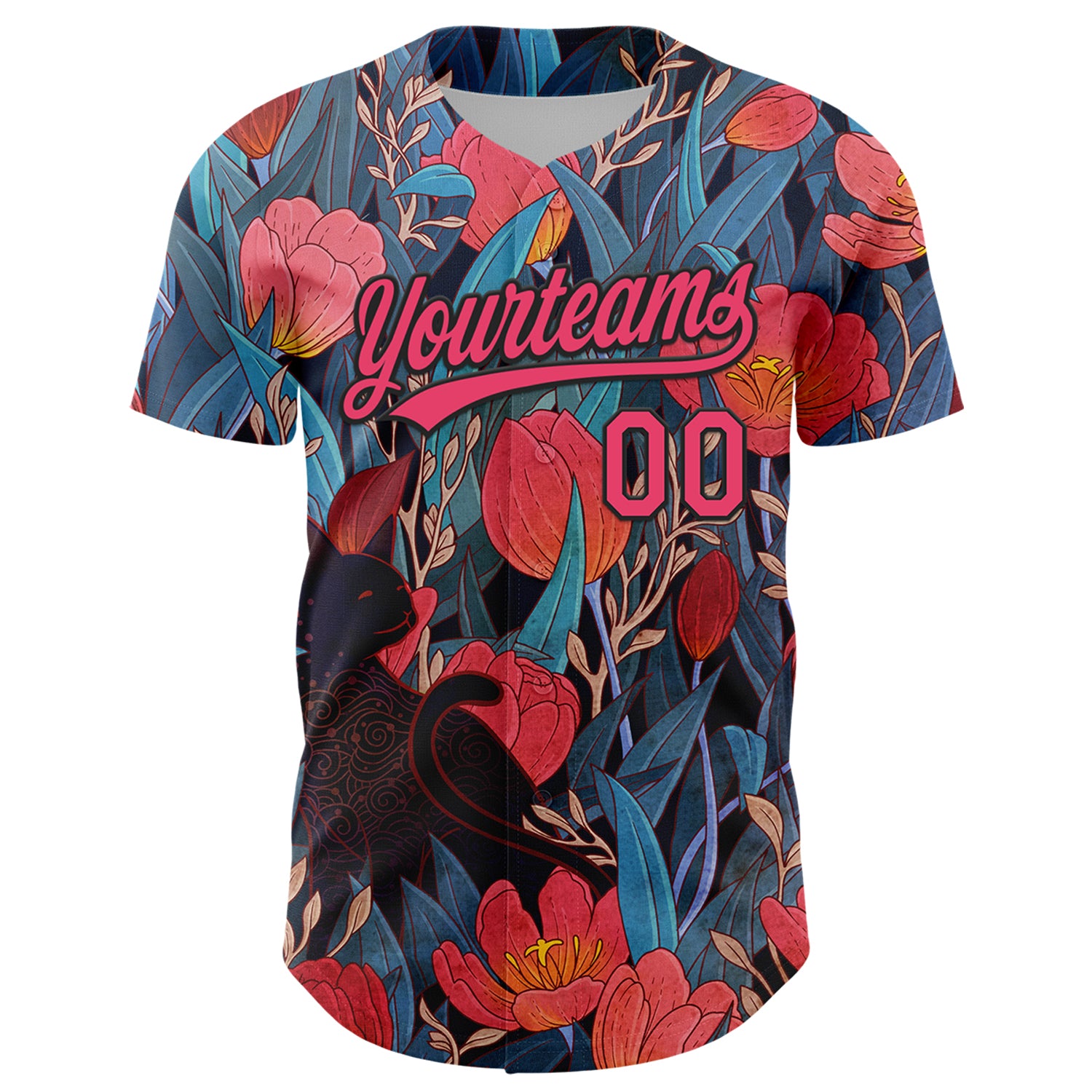 Custom Black Neon Pink 3D Syntetyc Black Cat And Tulips Authentic Baseball Jersey