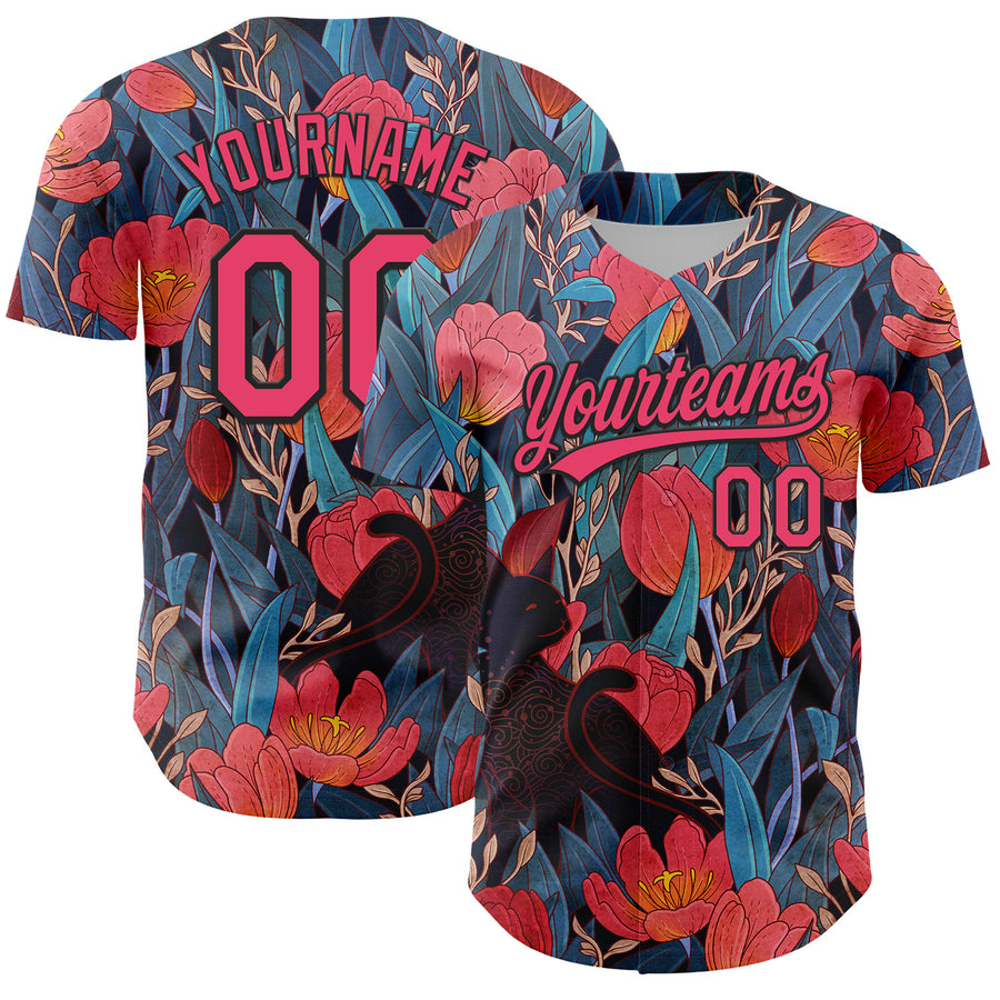Custom Black Neon Pink 3D Syntetyc Black Cat And Tulips Authentic Baseball Jersey