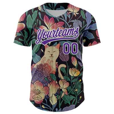 Custom Black Purple-White 3D Syntetyc Cat And Magnolia Authentic Baseball Jersey