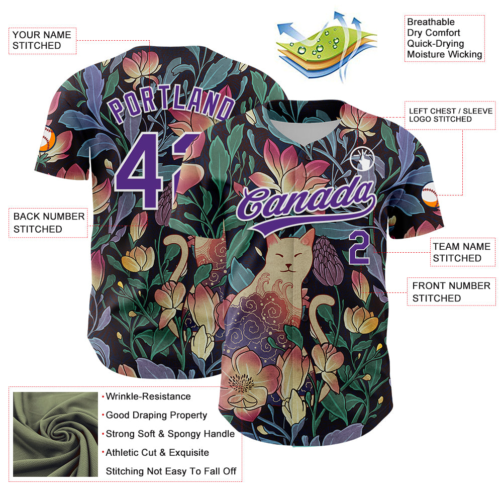 Custom Black Purple-White 3D Syntetyc Cat And Magnolia Authentic Baseball Jersey