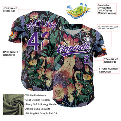 Custom Black Purple-White 3D Syntetyc Cat And Magnolia Authentic Baseball Jersey