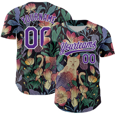Custom Black Purple-White 3D Syntetyc Cat And Magnolia Authentic Baseball Jersey