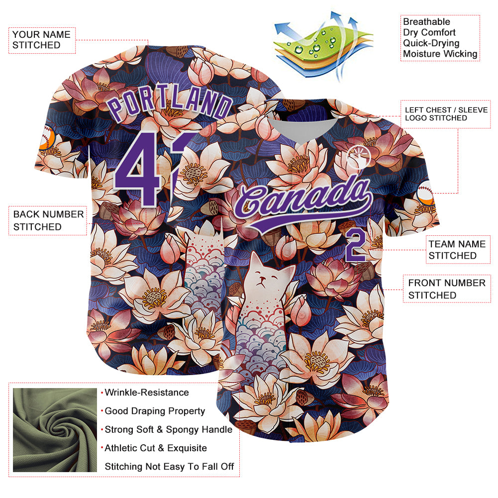 Custom Black Purple-White 3D Syntetyc White Cat Lotus Authentic Baseball Jersey