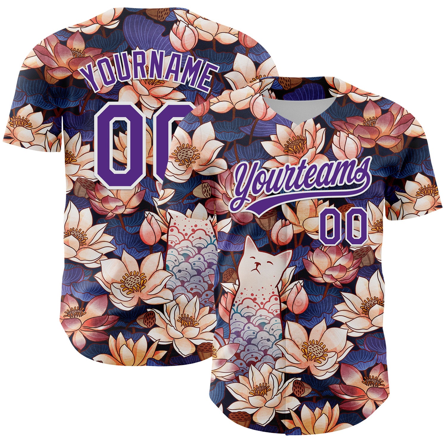 Custom Black Purple-White 3D Syntetyc White Cat Lotus Authentic Baseball Jersey