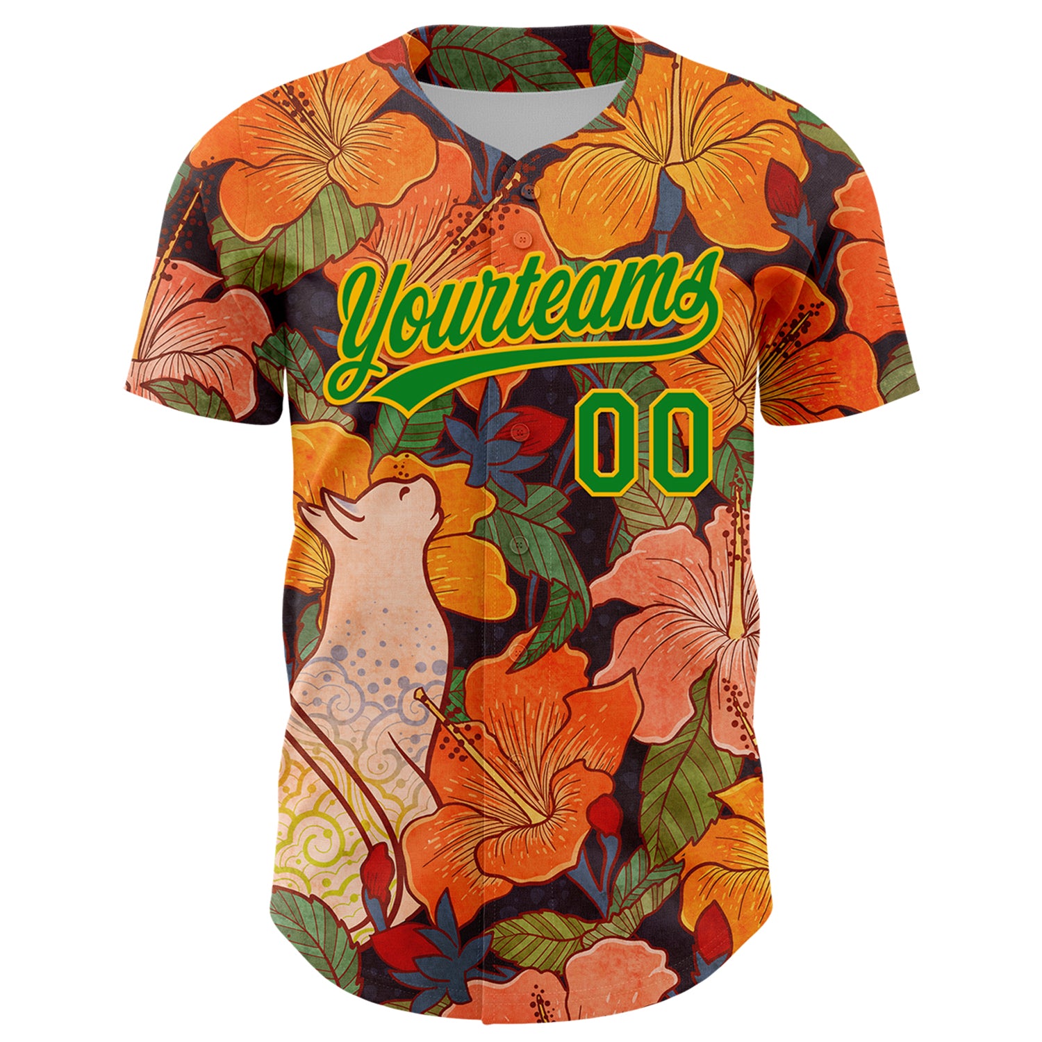 Custom Orange Grass Green-Gold 3D Syntetyc Cat And Hibiscus Authentic Baseball Jersey