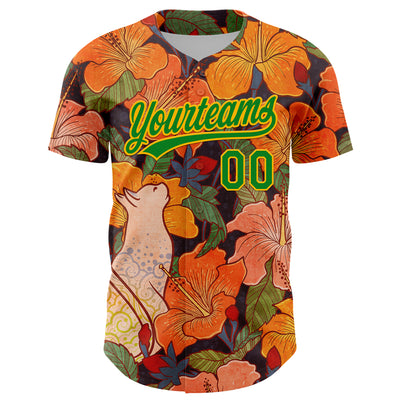 Custom Orange Grass Green-Gold 3D Syntetyc Cat And Hibiscus Authentic Baseball Jersey