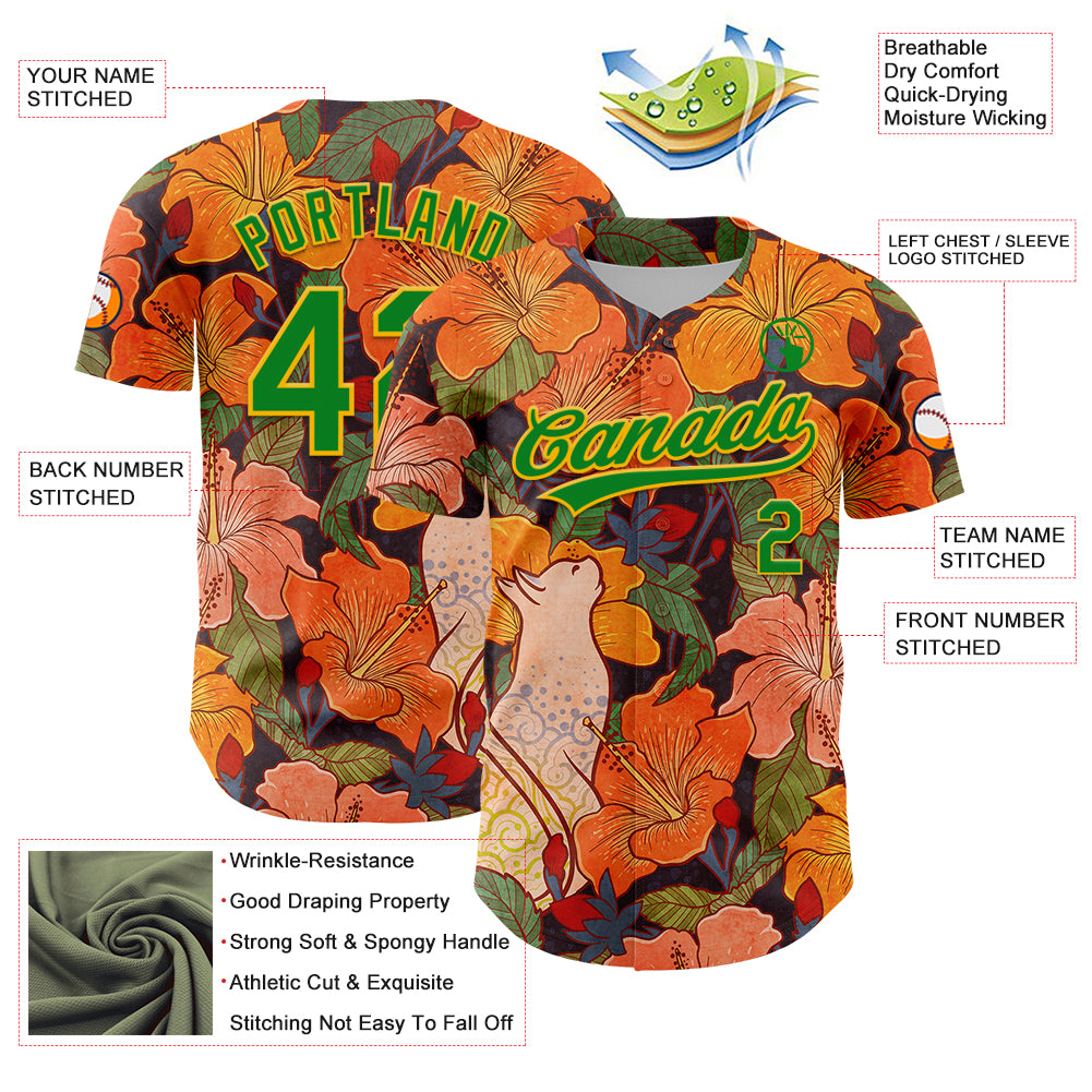 Custom Orange Grass Green-Gold 3D Syntetyc Cat And Hibiscus Authentic Baseball Jersey