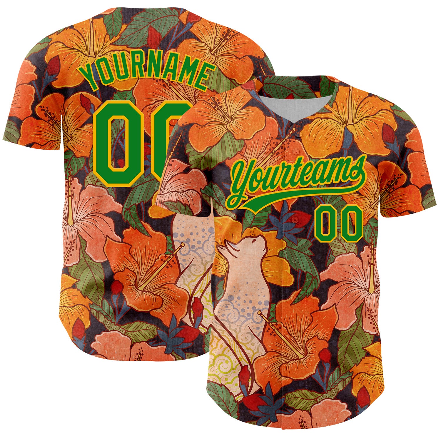 Custom Orange Grass Green-Gold 3D Syntetyc Cat And Hibiscus Authentic Baseball Jersey