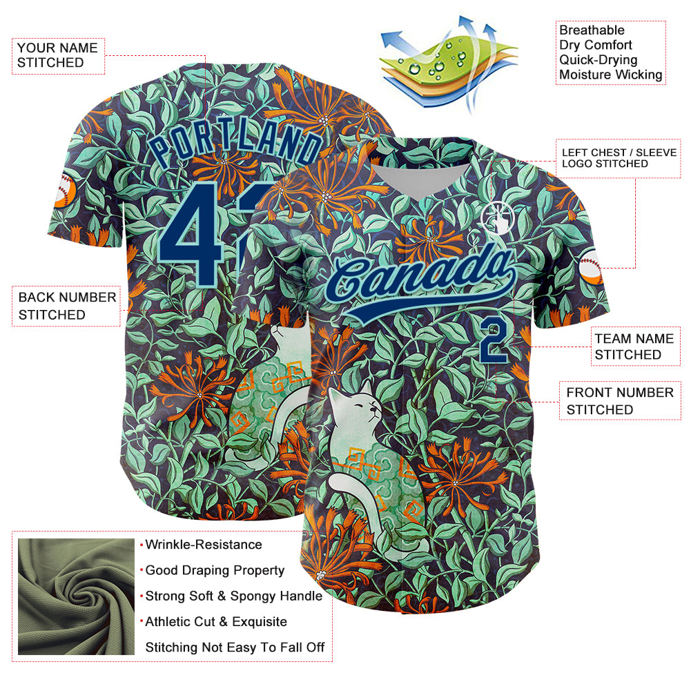 Custom Green US Navy Blue-Ice Blue 3D Syntetyc Cat And Honeysuckle Authentic Baseball Jersey