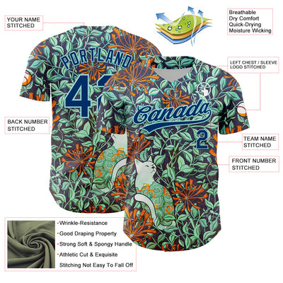 Custom Green US Navy Blue-Ice Blue 3D Syntetyc Cat And Honeysuckle Authentic Baseball Jersey