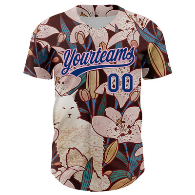 Custom Brown US Navy Blue-Light Pink 3D Syntetyc Cat And Lilies Authentic Baseball Jersey