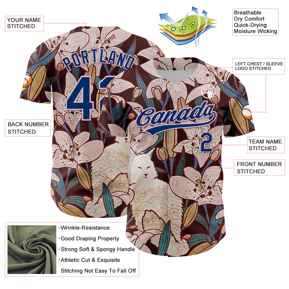Custom Brown US Navy Blue-Light Pink 3D Syntetyc Cat And Lilies Authentic Baseball Jersey
