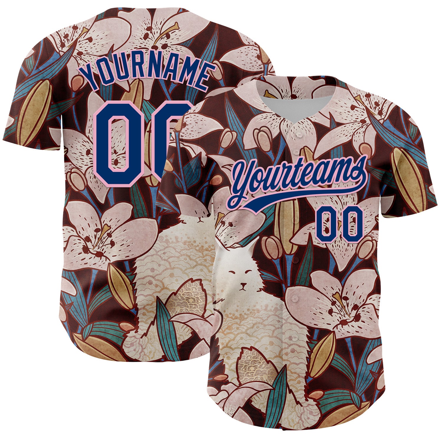 Custom Brown US Navy Blue-Light Pink 3D Syntetyc Cat And Lilies Authentic Baseball Jersey