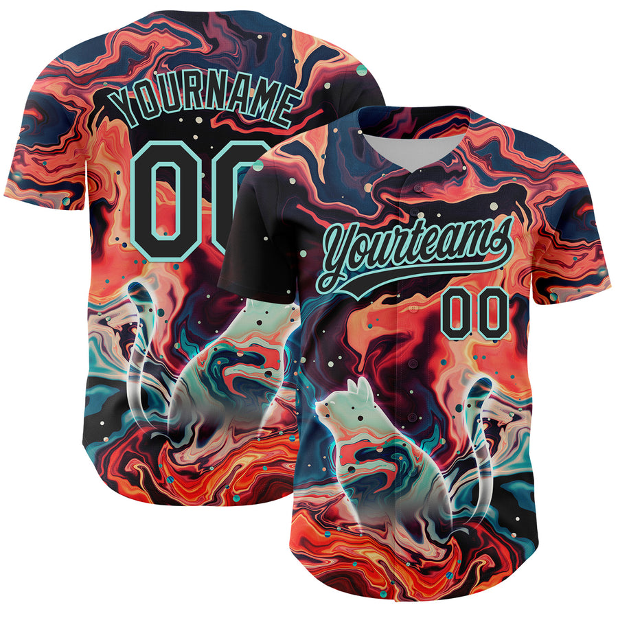 Custom Black Ice Blue 3D Syntetyc Trippy Cat Nebula Authentic Baseball Jersey