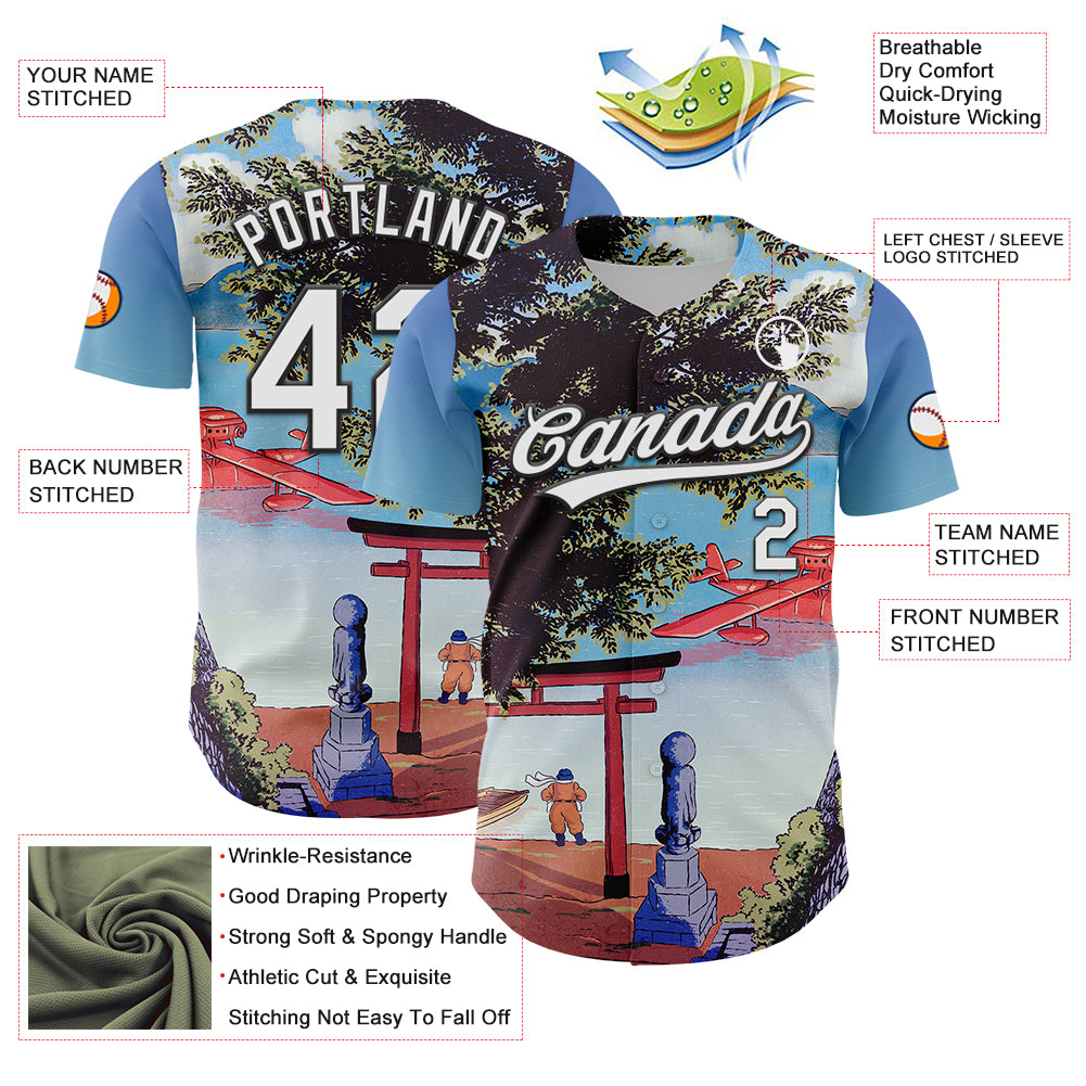 Custom Sky Blue White-Black 3D Syntetyc The Red Plane Authentic Baseball Jersey