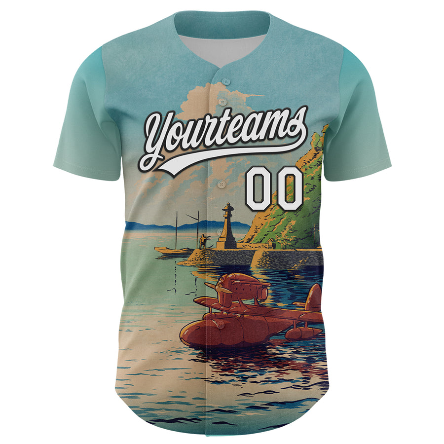 Custom Shadow Blue White-Black 3D Syntetyc Sunset Plane Authentic Baseball Jersey