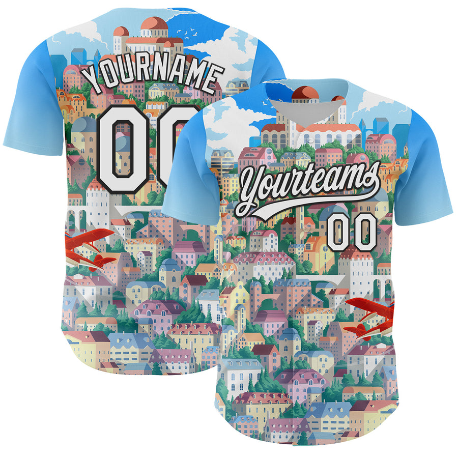 Custom Electric Blue White-Black 3D Syntetyc Red Bird And City Authentic Baseball Jersey