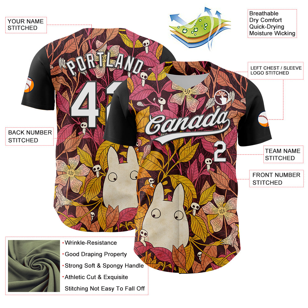 Custom Black White 3D Syntetyc Chibi Floral Authentic Baseball Jersey