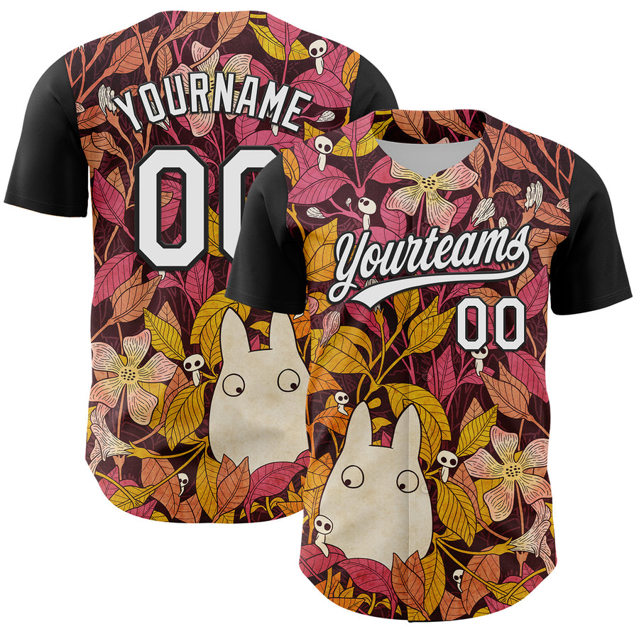 Custom Black White 3D Syntetyc Chibi Floral Authentic Baseball Jersey