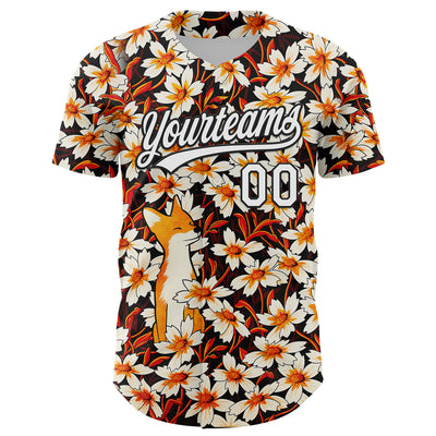 Custom Black White 3D Syntetyc Happy Fox Flowers Authentic Baseball Jersey