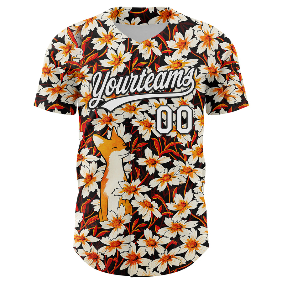 Custom Black White 3D Syntetyc Happy Fox Flowers Authentic Baseball Jersey