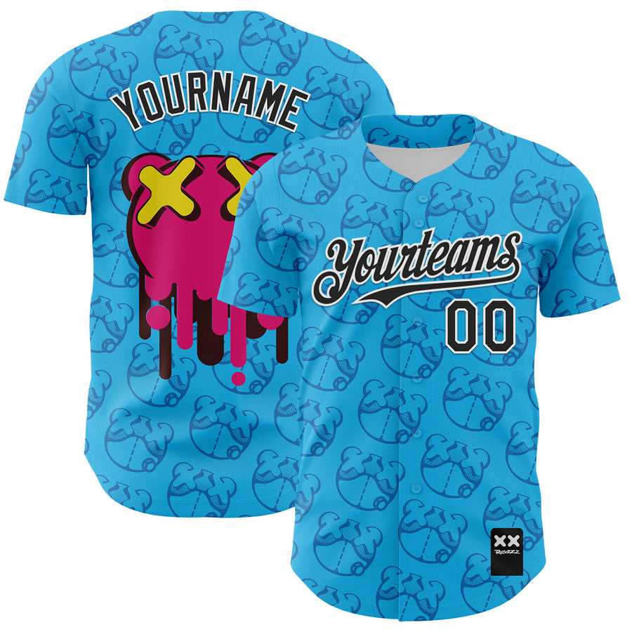 Custom Sky Blue Black-White 3D Revzzz Drip Bear Authentic Baseball Jersey