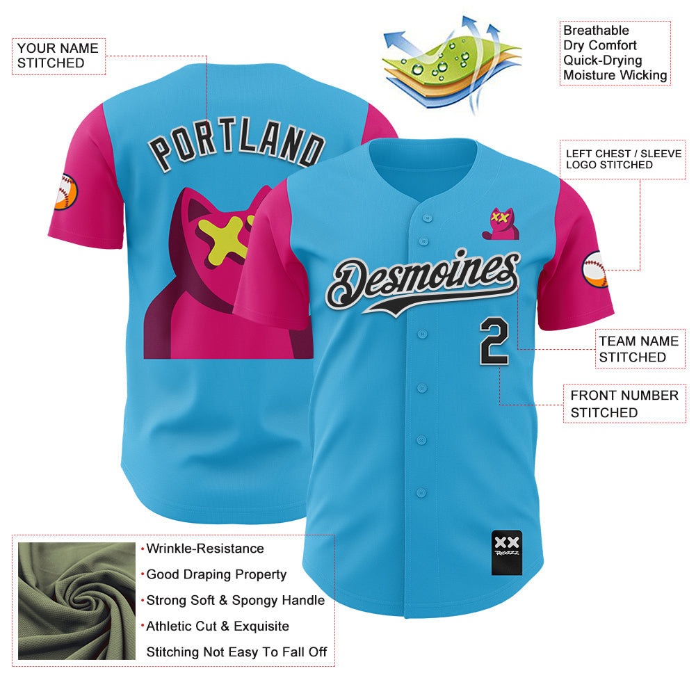 Custom Sky Blue Black-Hot Pink 3D Revzzz Katzen Authentic Baseball Jersey