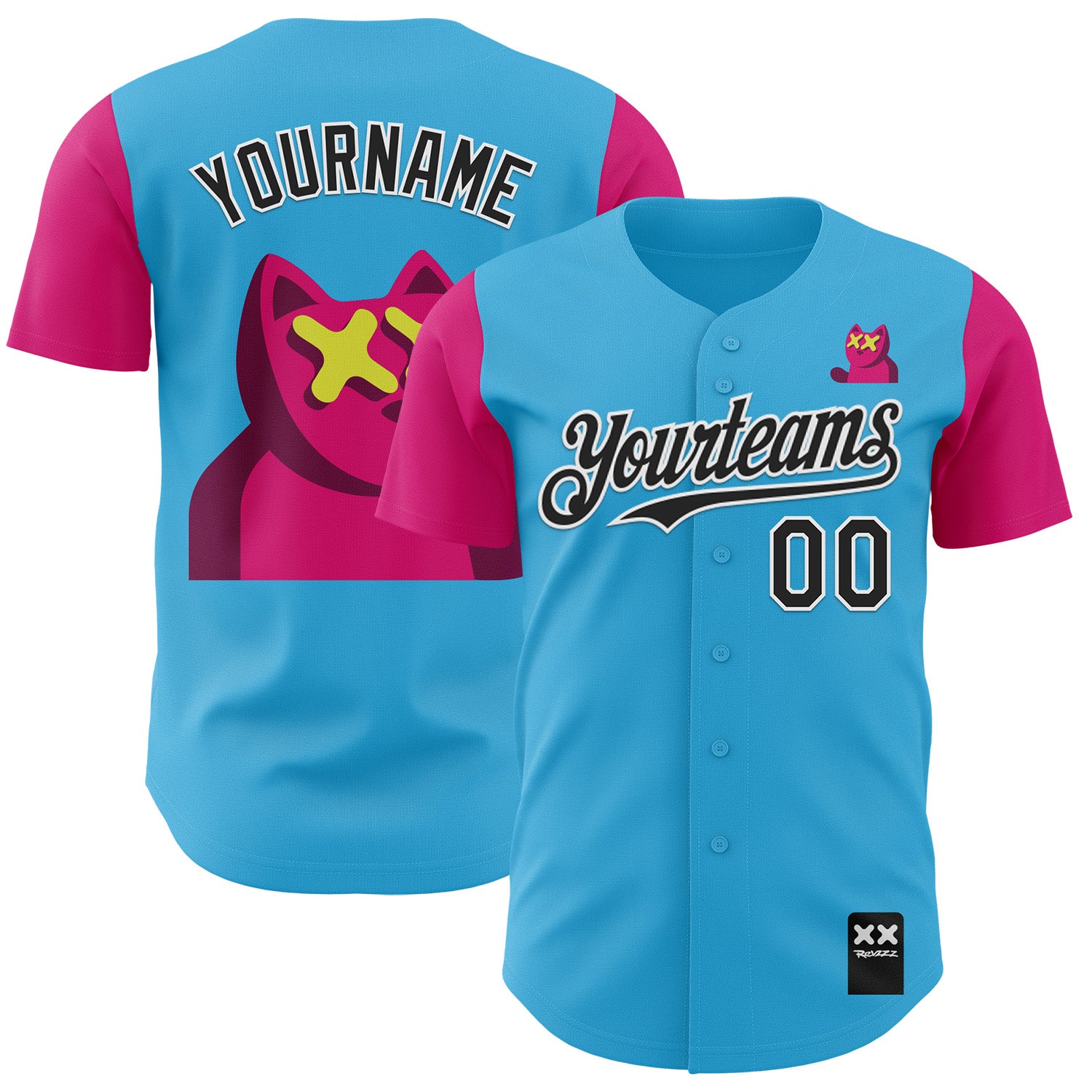 Custom Sky Blue Black-Hot Pink 3D Revzzz Katzen Authentic Baseball Jersey