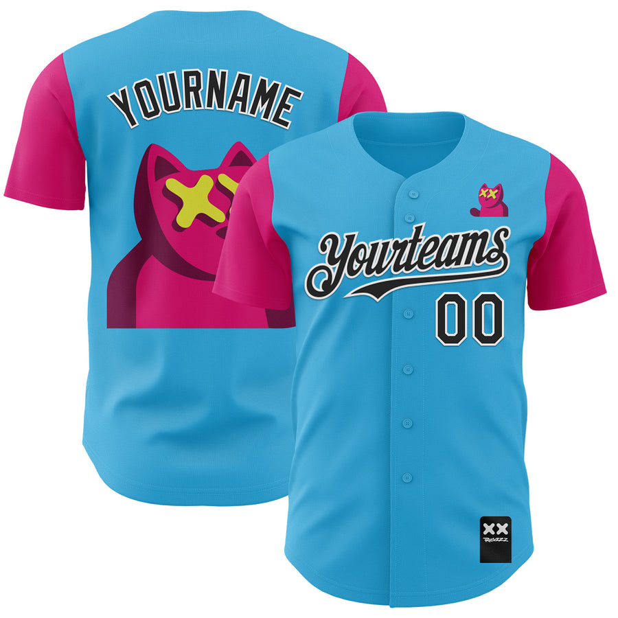 Custom Sky Blue Black-Hot Pink 3D Revzzz Katzen Authentic Baseball Jersey