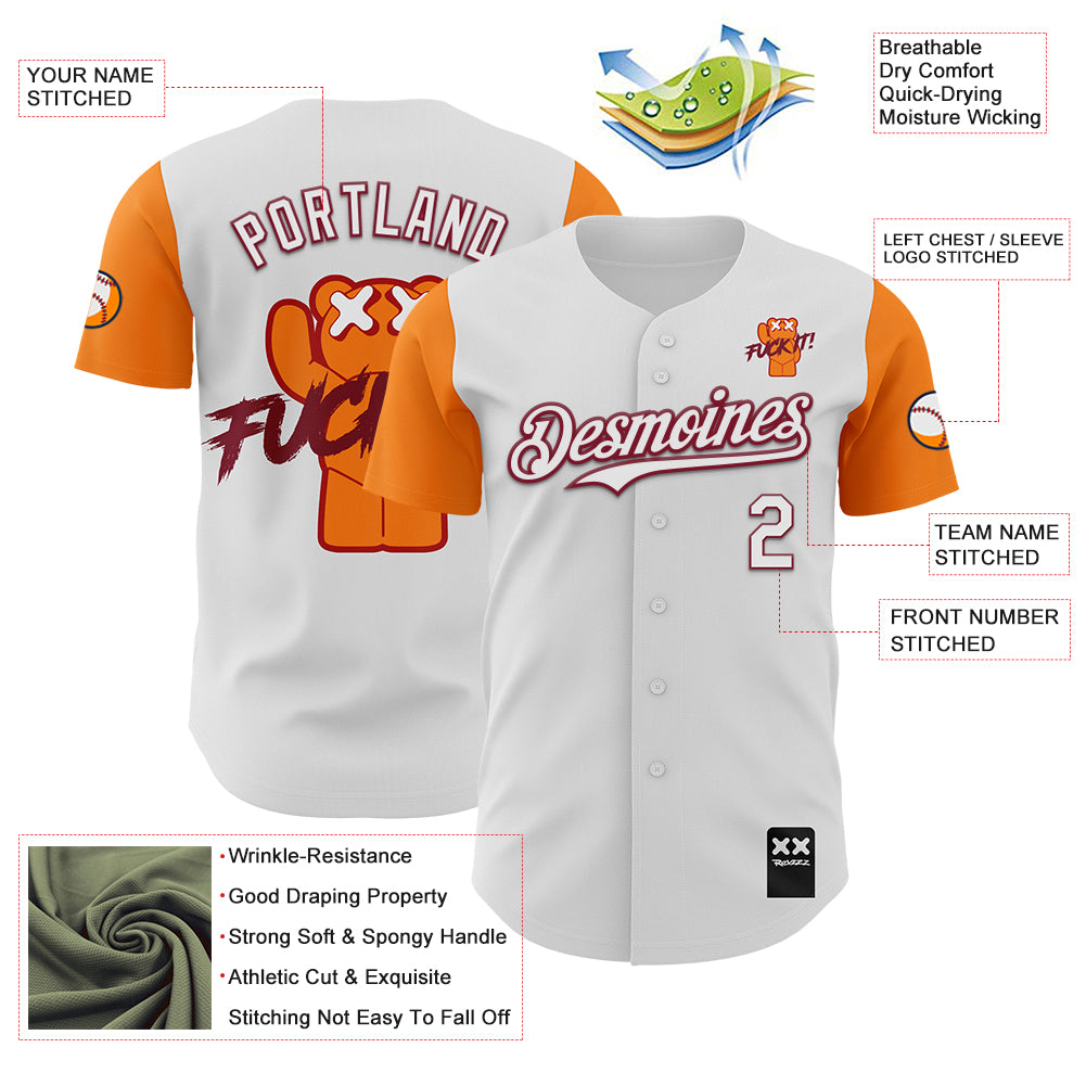 Custom White Bay Orange-Crimson 3D Revzzz Fuckit Authentic Baseball Jersey