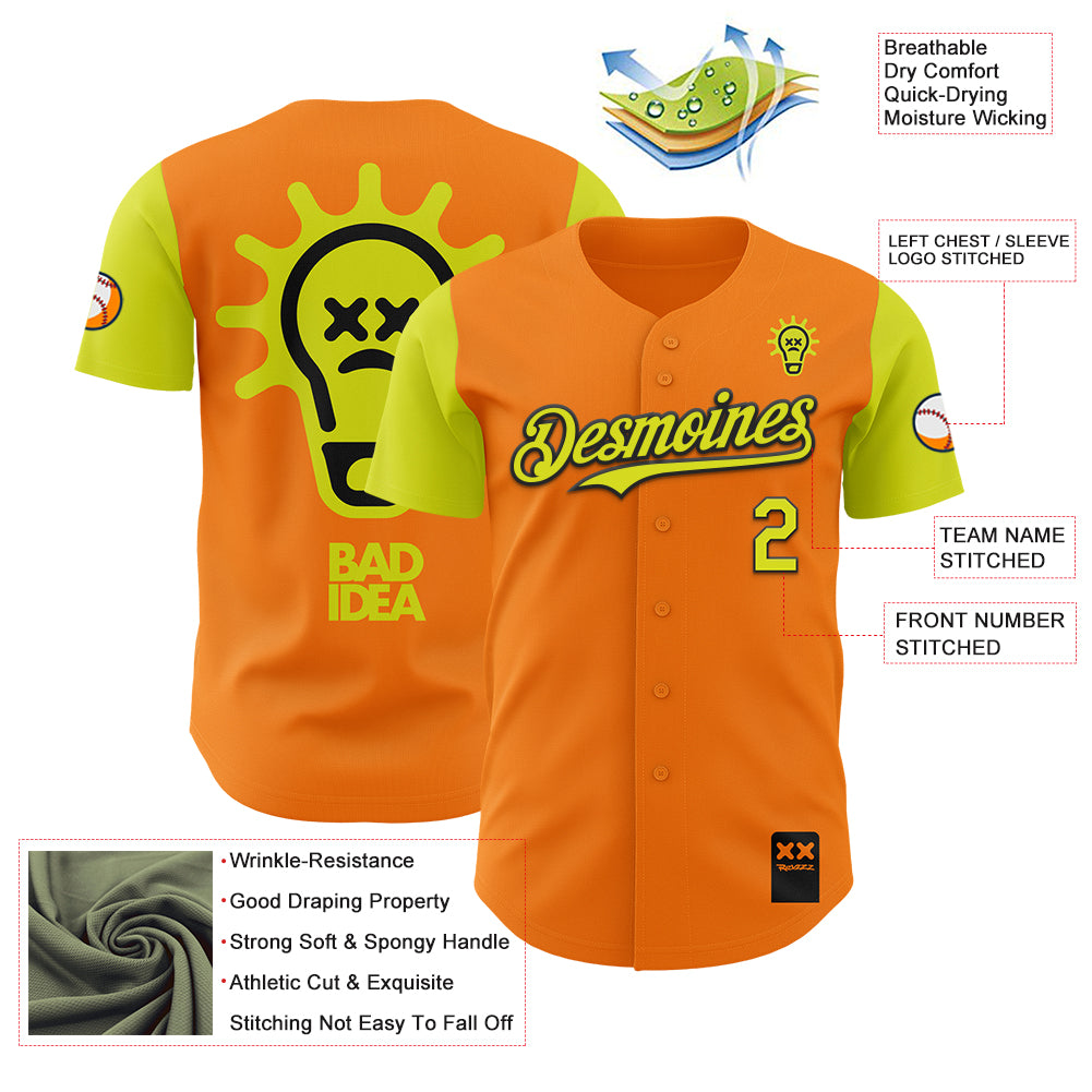 Custom Bay Orange Neon Yellow-Black 3D Revzzz Bad Idea Authentic Baseball Jersey