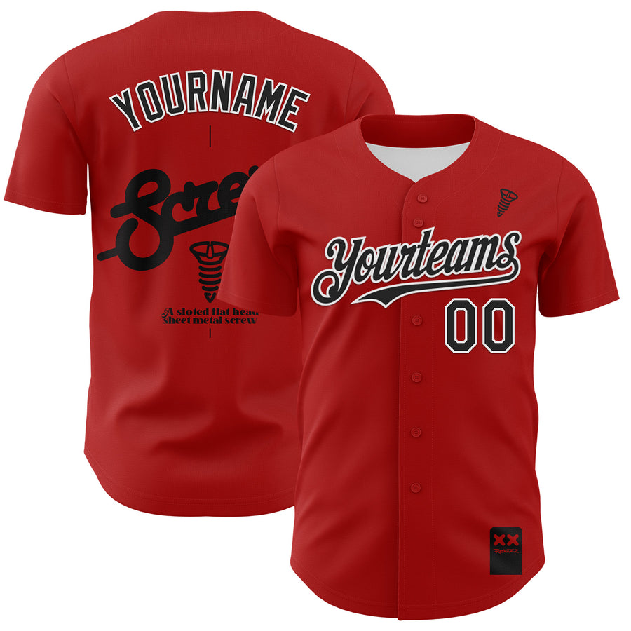 Custom Red Black-White 3D Revzzz Screw-U Authentic Baseball Jersey