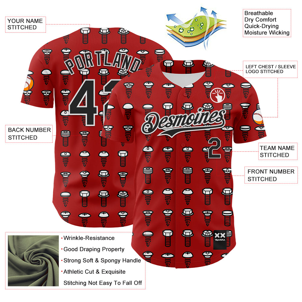 Custom Red Black-White 3D Revzzz Screw-D Authentic Baseball Jersey