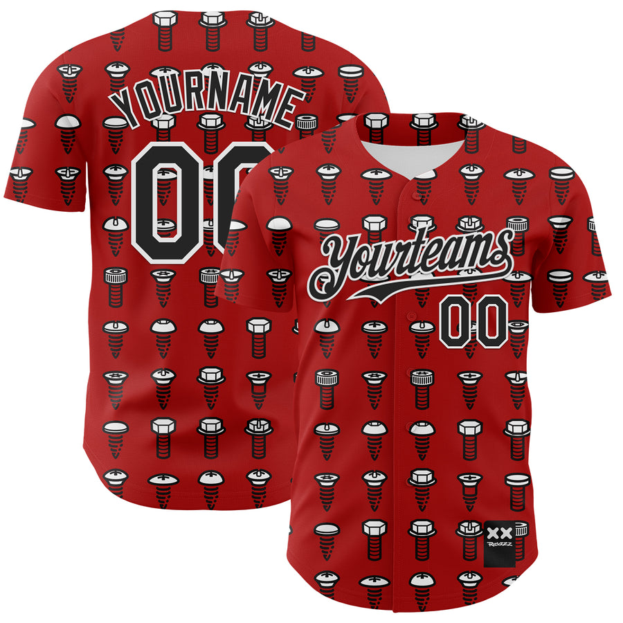 Custom Red Black-White 3D Revzzz Screw-D Authentic Baseball Jersey