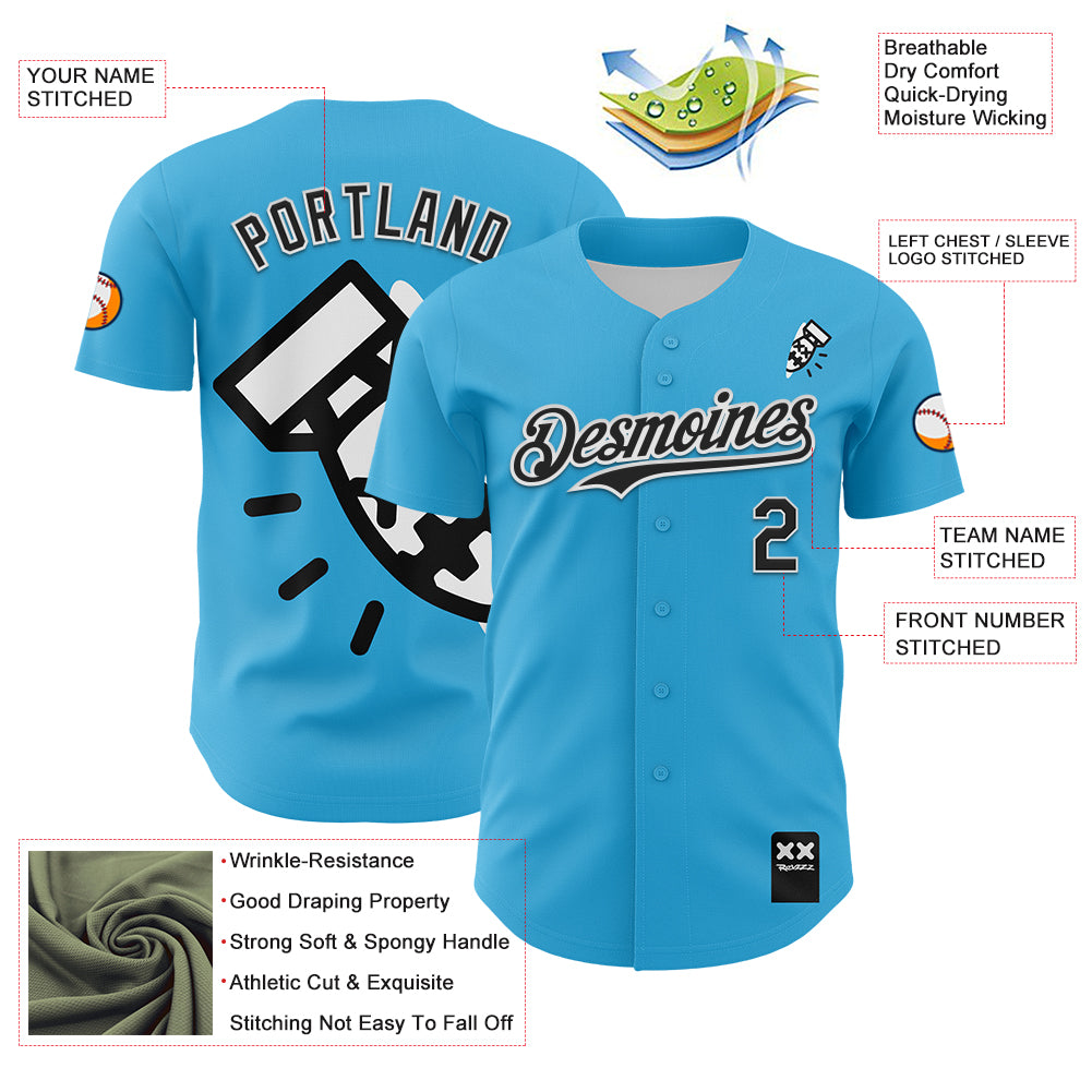 Custom Sky Blue Black-White 3D Revzzz Fat Boy Authentic Baseball Jersey