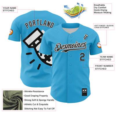 Custom Sky Blue Black-White 3D Revzzz Fat Boy Authentic Baseball Jersey