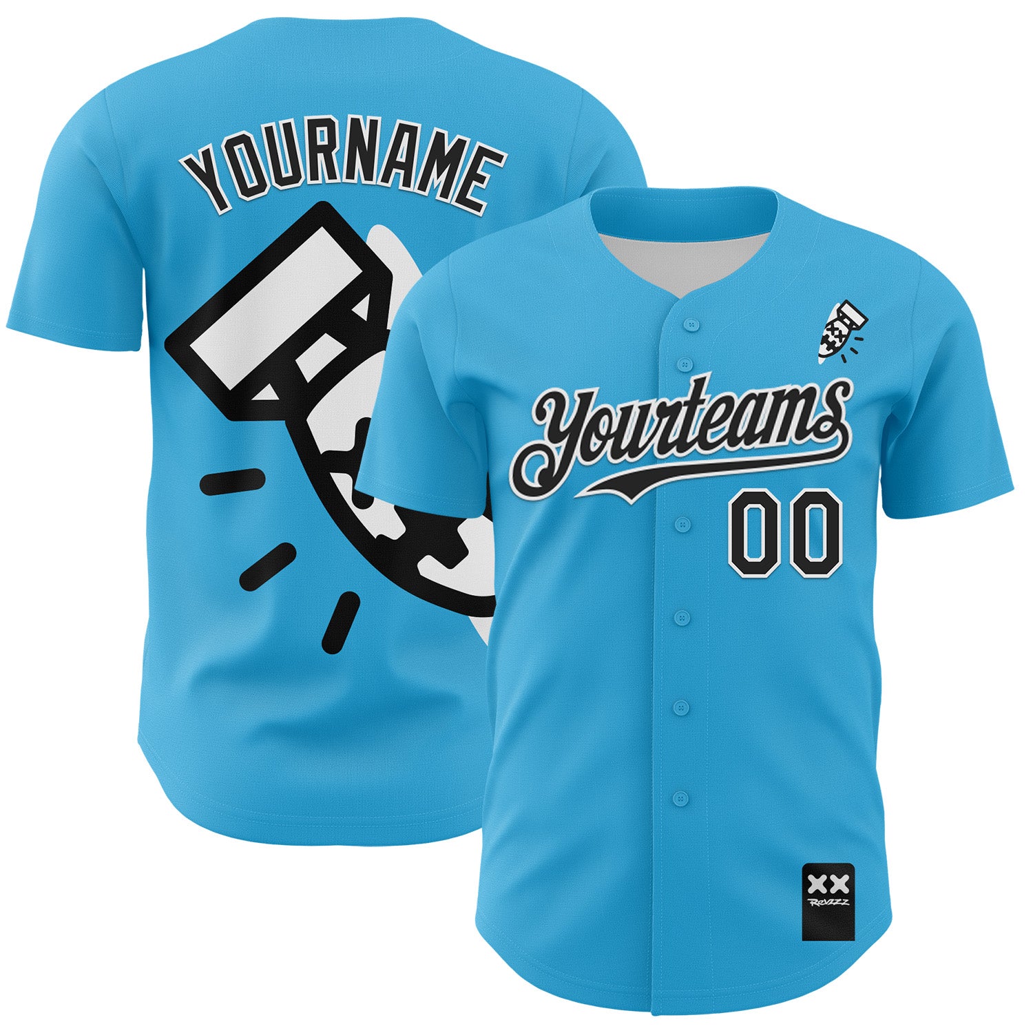 Custom Sky Blue Black-White 3D Revzzz Fat Boy Authentic Baseball Jersey
