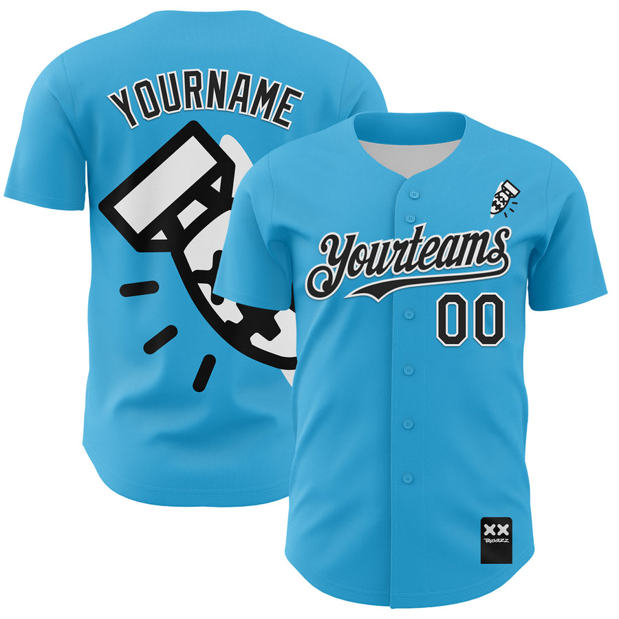 Custom Sky Blue Black-White 3D Revzzz Fat Boy Authentic Baseball Jersey