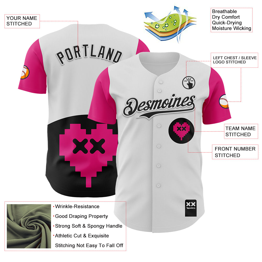 Custom White Black-Hot Pink 3D Revzzz Pixelated Love Authentic Baseball Jersey