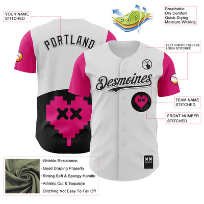 Custom White Black-Hot Pink 3D Revzzz Pixelated Love Authentic Baseball Jersey