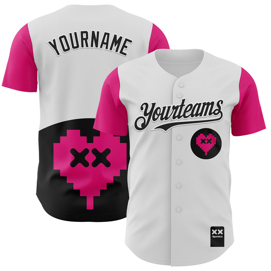 Custom White Black-Hot Pink 3D Revzzz Pixelated Love Authentic Baseball Jersey