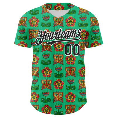 Custom Green Black-White 3D Emi Bee Butterfly Flower Authentic Baseball Jersey